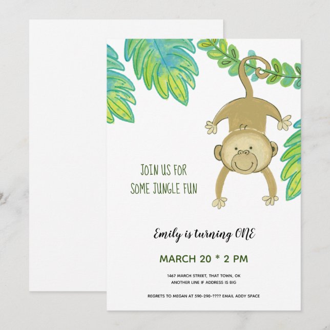 First Birthday Monkey Jungle animals Invitation (Front/Back)