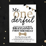 First Birthday Mr Onederful Invitation<br><div class="desc">This First Birthday Mr Onederful Invitation features a black and gold faux glitter design. This invite will be perfect for your little man on his first birthday.</div>