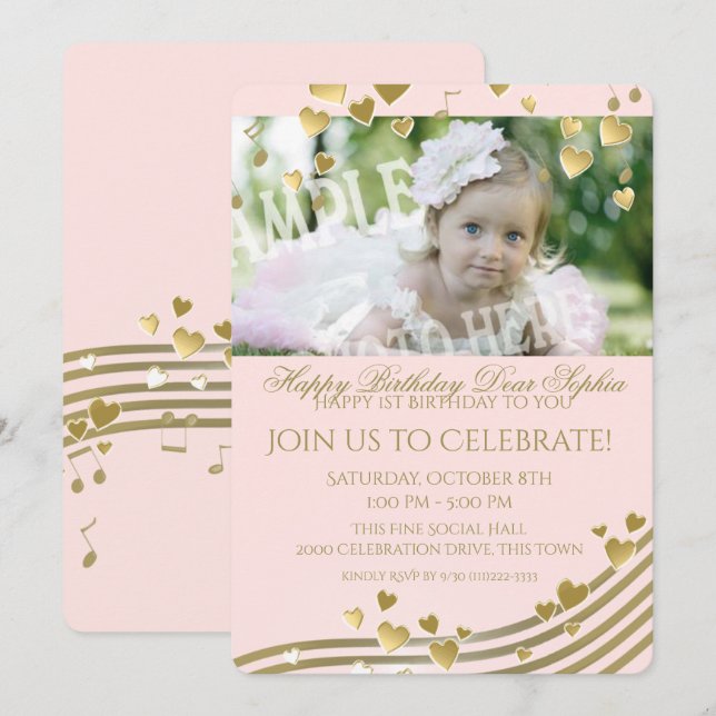 First Birthday Music and Hearts Invitation (Front/Back)