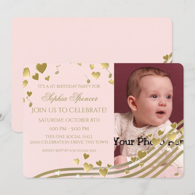 First Birthday Music and Hearts Invitation (Front/Back)