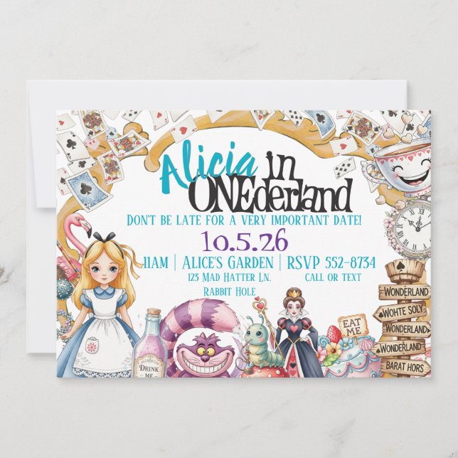 First Birthday ONEderland Wonderland Theme Invite (Front)