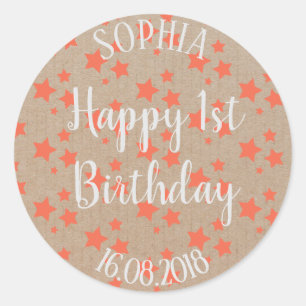 First Birthday Orange Stars Craft Paper Classic Round Sticker