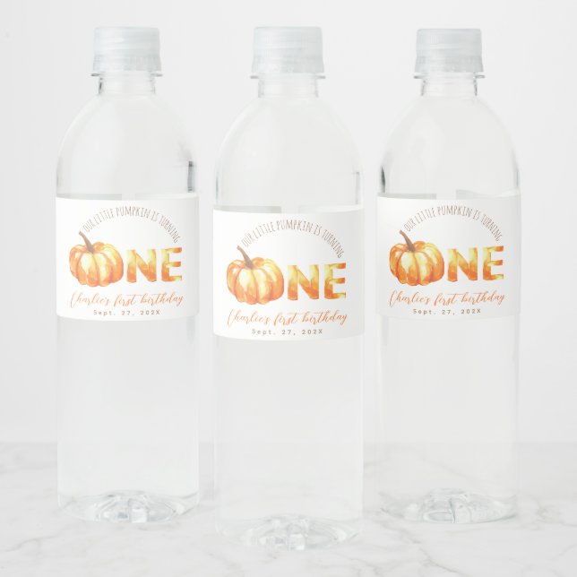 First Birthday Our Little Pumpkin Is Turning One  Water Bottle Label (Bottles)