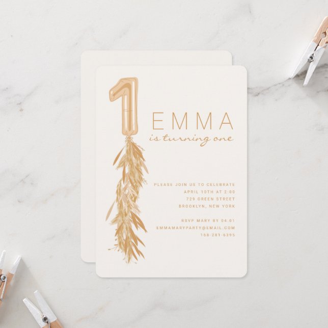 First Birthday Pampas Balloon Garland Invitation (Front/Back In Situ)