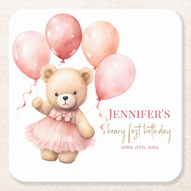 First Birthday Paper Coasters – Watercolor Teddy  (Front)