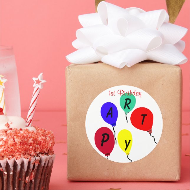 First Birthday Party Balloons Classic Round Sticker (Party)
