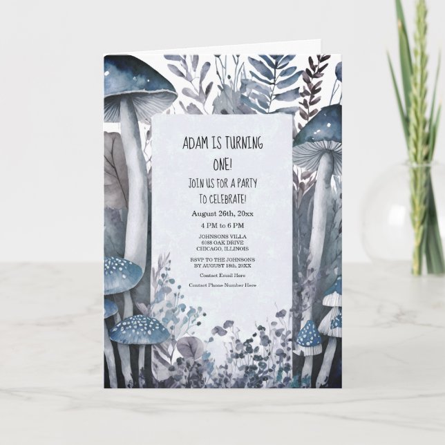 First Birthday Party Blue Mushrooms Boho Woodlands Invitation (Front)