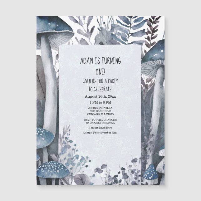 First Birthday Party Blue Mushrooms Boho Woodlands Magnetic Invitation (Front)