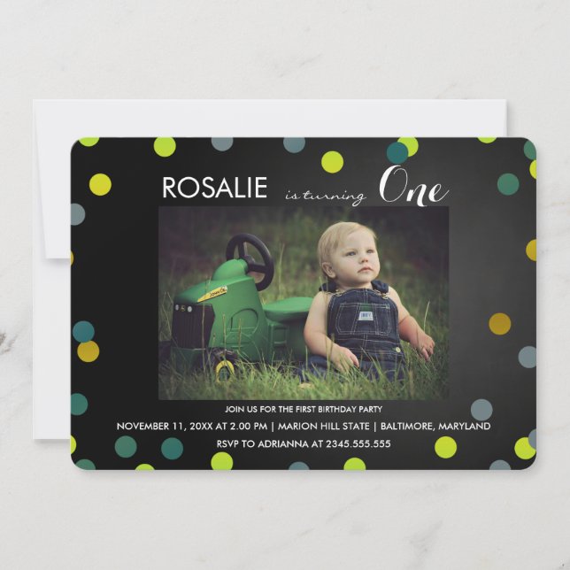 First Birthday Party | Chalkboard Confetti Photo Invitation (Front)