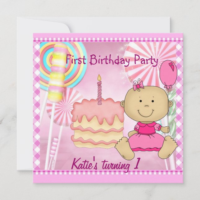 First Birthday Party Child's Girl Pink Cake Invitation (Front)