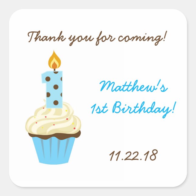 First birthday party favour sticker / blue cupcake (Front)