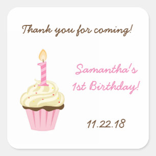 First birthday party favour stickers / pink cupcak