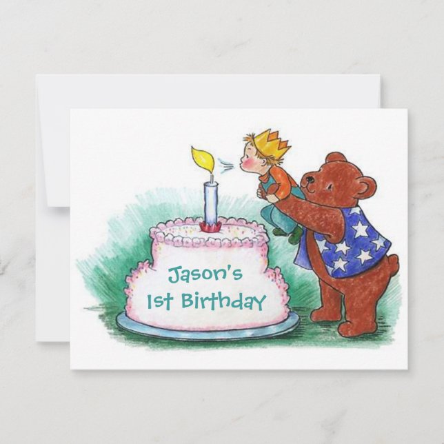 FIRST BIRTHDAY PARTY INVITATION BEAR HOLDING BOY (Front)