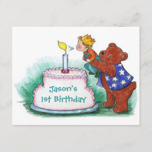 FIRST BIRTHDAY PARTY INVITATION BEAR HOLDING BOY