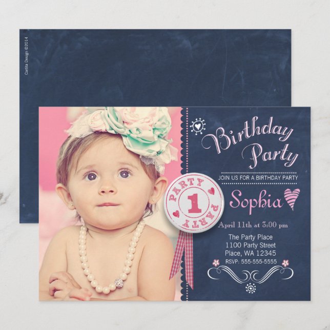 First Birthday Party Invitation Girl Chalkboard (Front/Back)