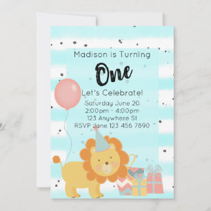First Birthday Party Invitation - Teal Lion
