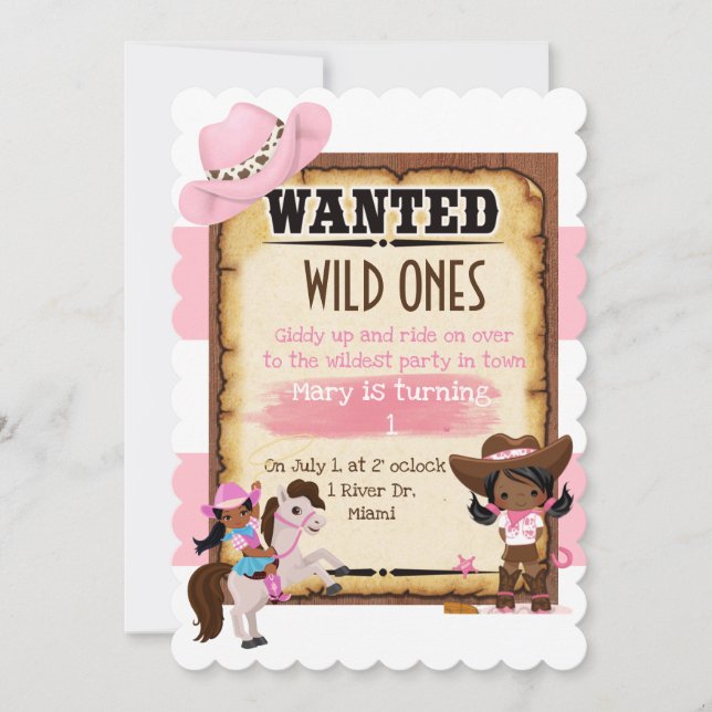 First birthday party invitation wild west cowgirls (Front)