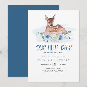 First Birthday Party Little Deer Blue Floral Invit Invitation