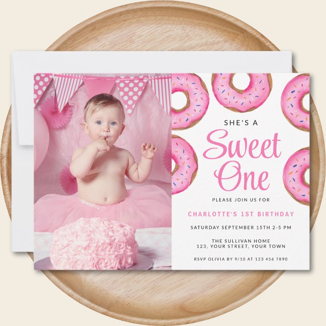First Birthday Party Photo Sweet One Doughnut Invitation (Creator Uploaded)