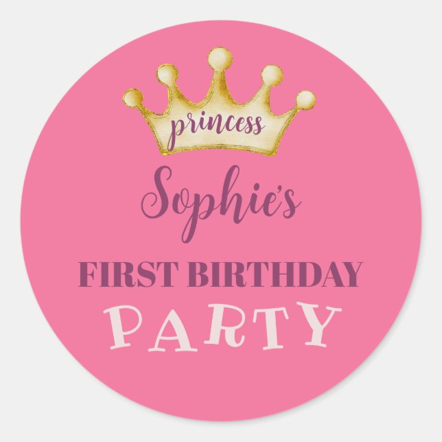 First Birthday Party Pink & Gold Princess  Classic Round Sticker (Front)