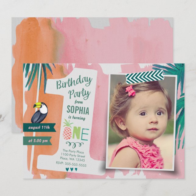 First Birthday Party Tropic Jungle Invitation Girl (Front/Back)
