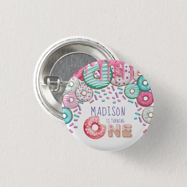 First Birthday  Personalised Doughnut Sprinkles 3 Cm Round Badge (Front & Back)