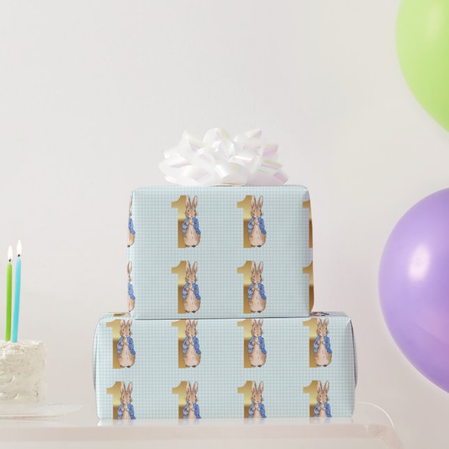 First Birthday Peter the Rabbit Blue Check pattern Wrapping Paper (Party Gifts)