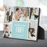 First Birthday Photo Collage Plaque<br><div class="desc">A five photo collage of your child's first birthday features their name, birthday and "Such fun to turn ONE!" message in chic white lettering is put directly on the hardboard panel for a stunningly crisp image with an easy wipe clean surface. Tabletop, on a shelf or desk, this plaque with...</div>