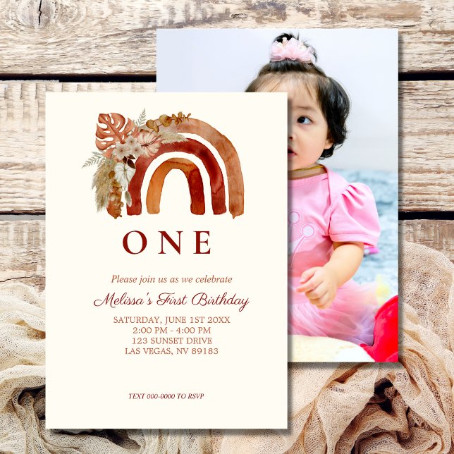 First Birthday Photo Earth Tone Boho Rainbow  Invitation (Creator Uploaded)