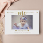 First Birthday Photo Elegant Script Card<br><div class="desc">Thank all of your first birthday party guests with this elegant script photo flat thank you card.  Customize text on the front/back and add a photo to create a personalized first birthday thank you card.</div>