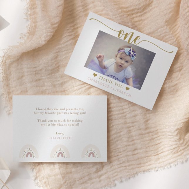 First Birthday Photo Elegant Script Thank You Card (Creator Uploaded)