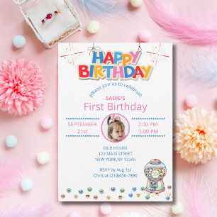 First Birthday Photo Girl or Boy Colourful Gumball Invitation