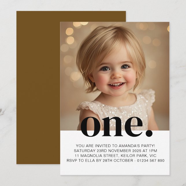 First Birthday Photo Invitation in Brown & White (Front/Back)