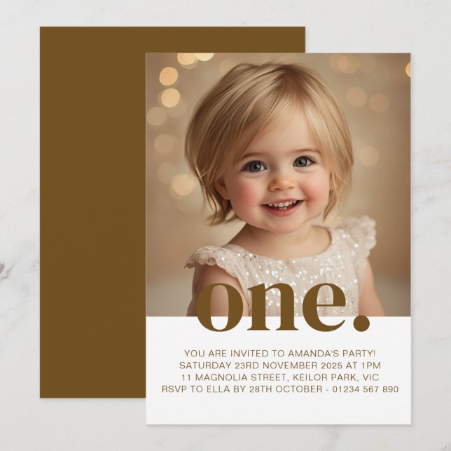 First Birthday Photo Invitation in Brown & White (Front/Back)
