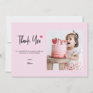 First Birthday Photo Modern pink heart script Thank You Card