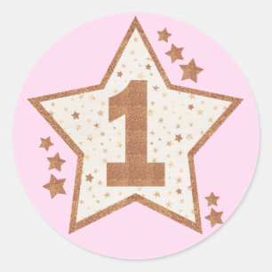 First Birthday Pink and Gold Star Classic Round Sticker