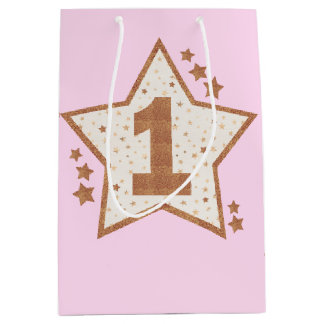First Birthday Pink and Gold Star Medium Gift Bag