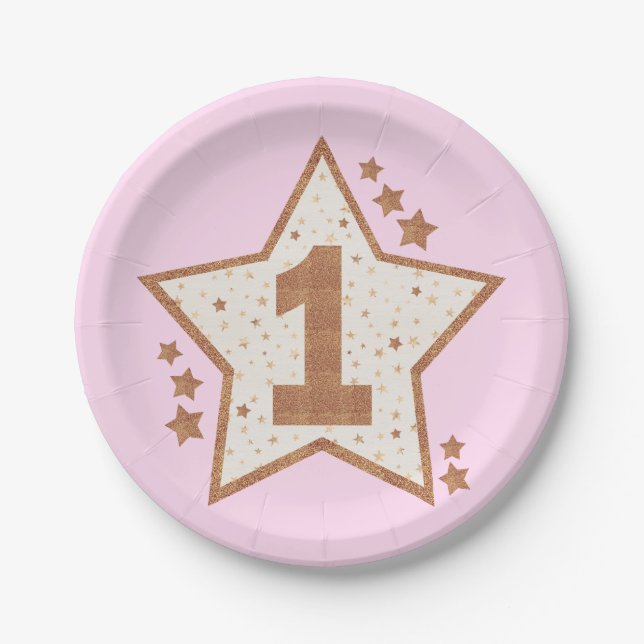 First Birthday Pink and Gold Star Paper Plate (Front)