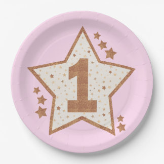 First Birthday Pink and Gold Star Paper Plate