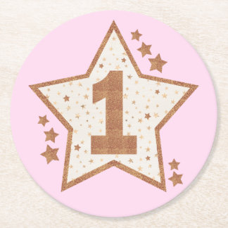 First Birthday Pink and Gold Star Round Paper Coaster