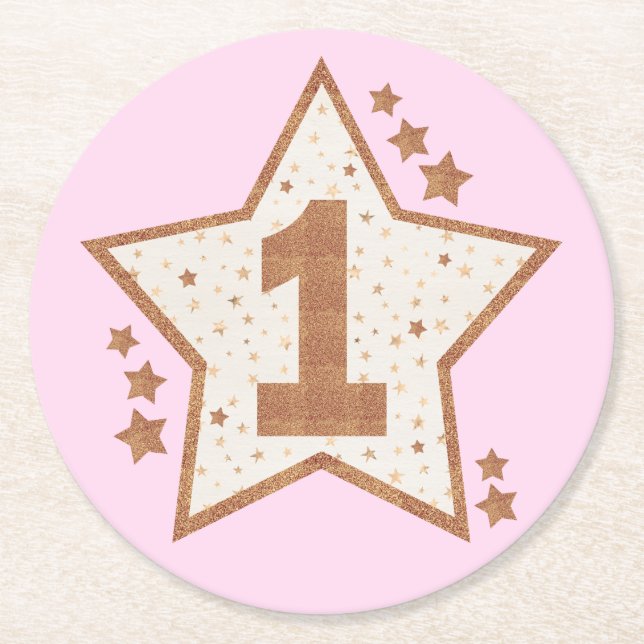 First Birthday Pink and Gold Star Round Paper Coaster (Front)