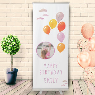 First Birthday Pink Balloon Girl`s Photo Birthday Retractable Banner