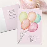 First Birthday Pink Balloons Greeting Card<br><div class="desc">Birthday greeting card features watercolor balloons on a pink background and a humourous unexpected message on the inside - you can change it. Also available in BLUE in our store.</div>