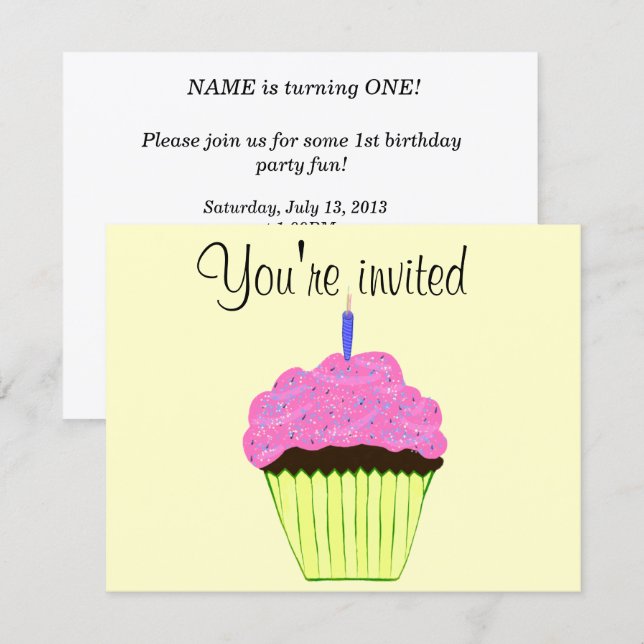 First Birthday Pink Cupcake Invitation Customise (Front/Back)
