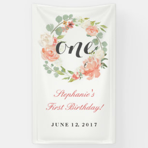 First Birthday Pink Floral Wreath One Banner