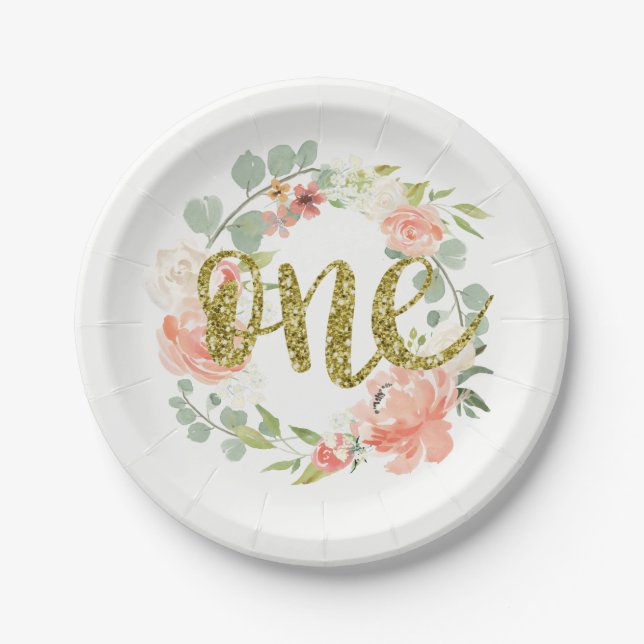 First Birthday Pink Gold Floral Wreath Paper Plate (Front)