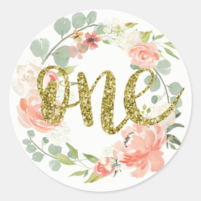 First Birthday Pink Gold Floral Wreath Sticker (Front)