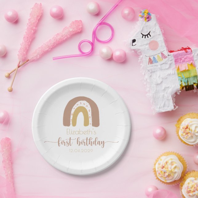 First Birthday Pink Gold Minimalist Rainbow Paper Plate (Party)