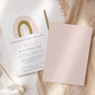 First Birthday Pink Gold Pastel Rainbow Invitation