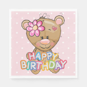 First Birthday Pink Polka Dots Teddy Bear Napkin